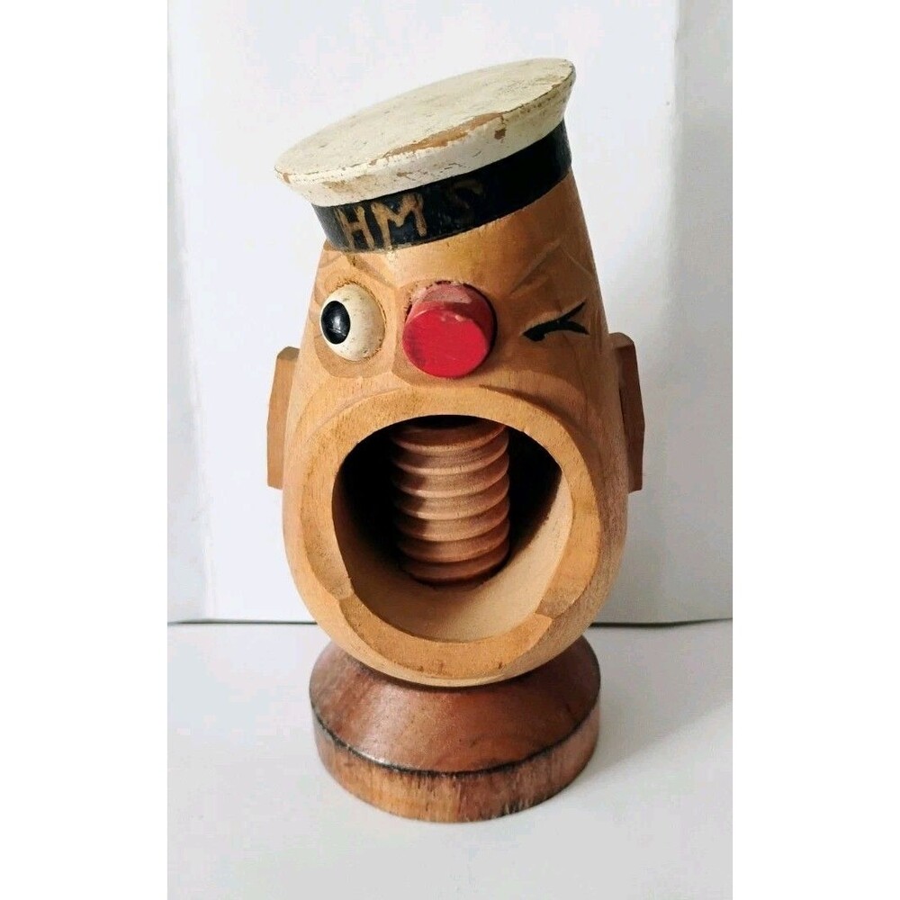 Vtg Wooden HMS Sailor Nutcracker Winking Screw Type Japan Mid Century Folk Art